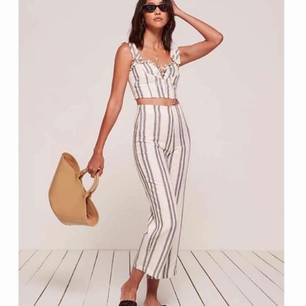 Reformation white and Black Striped cropped linen Pants size 0 - Picture 2 of 12